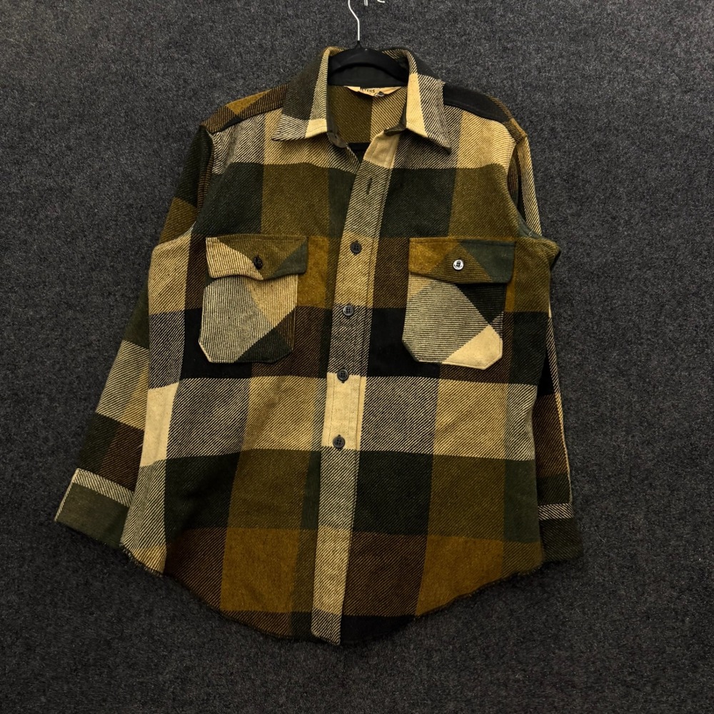 Vintage 1950s Peters Whaler Wool Flannel Shirt Plaid Green Yellow Anchor Buttons